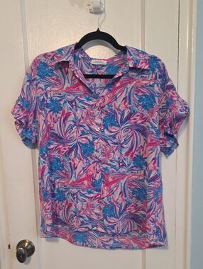 Vibrant Pink & Blue Floral Button-Up Blouse